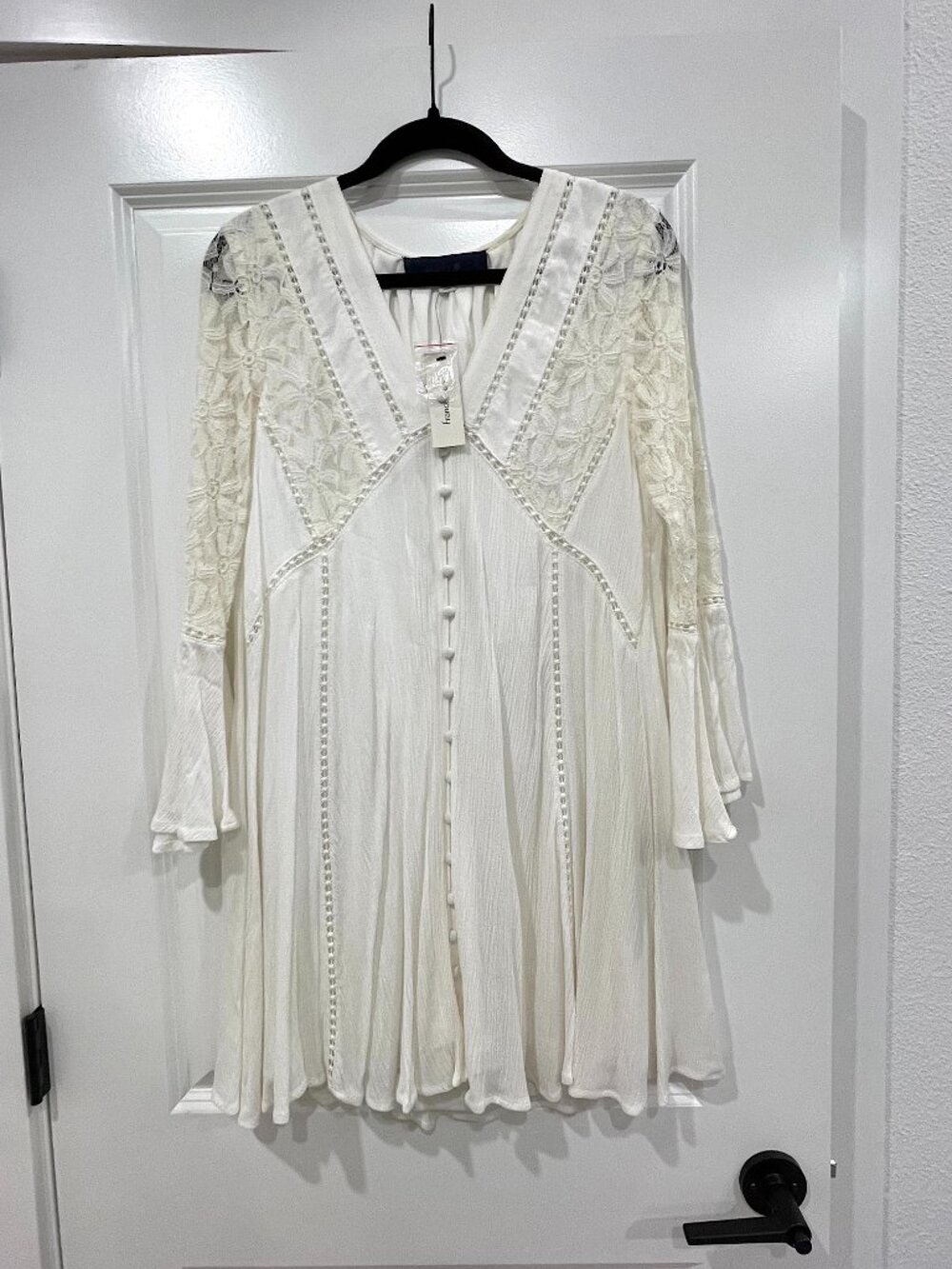 NWT Francesca's Blue Rain White Boho Lace Bell Sleeve Midi Beach Party Bridal S